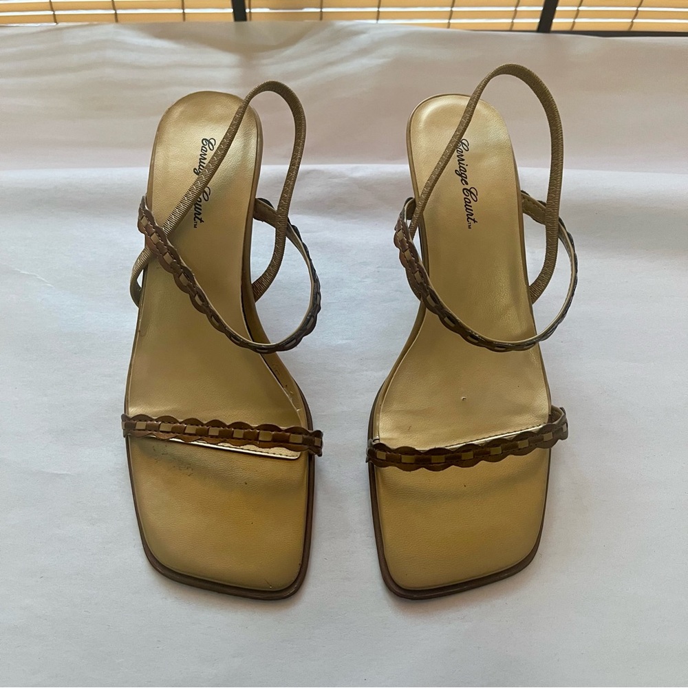 Carriage Court Hasty Brown Gold Strappy Slingback Heel Sandals